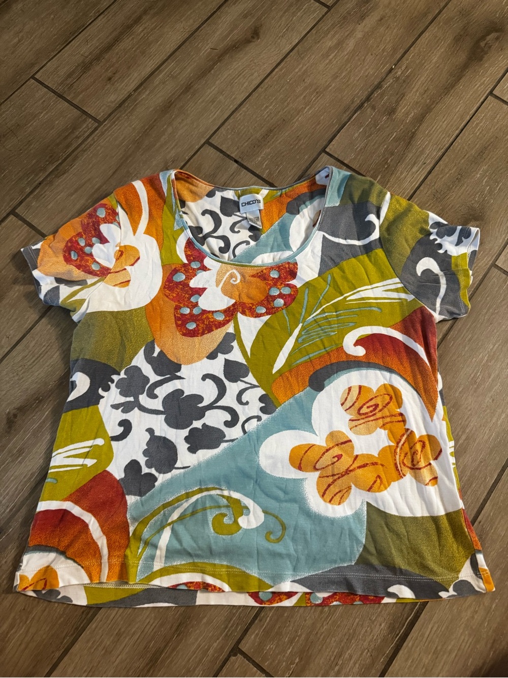 Chico's Multicolor Floral Abstract 100% Cotton Short Sleeve Tee